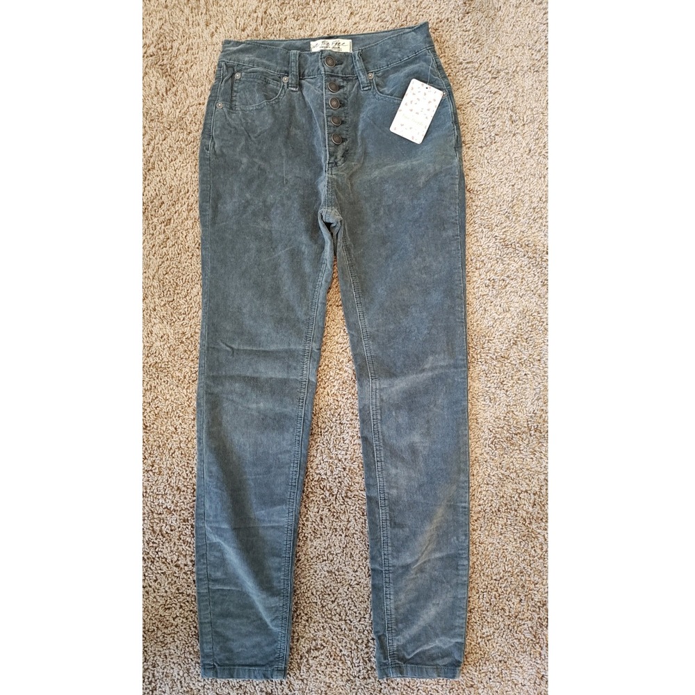 Free People We The Free Morning Waves Corduroy Button Fly Pants Teal Blue Sz 24